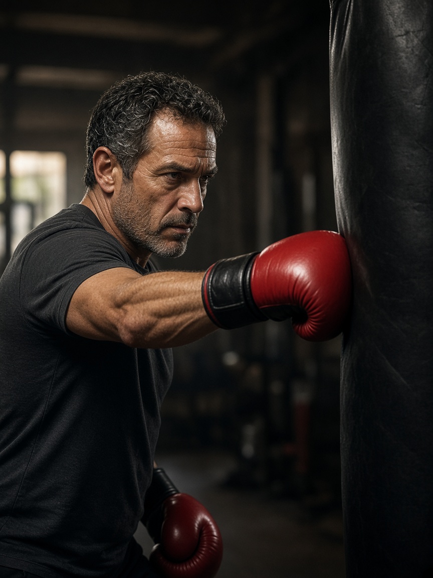 Boxing coach demonstrating a jab-cross combination on the gym floor