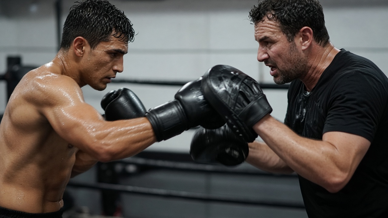 Coach and fighter working pad combinations beside the ring at Prime Boxing Gym