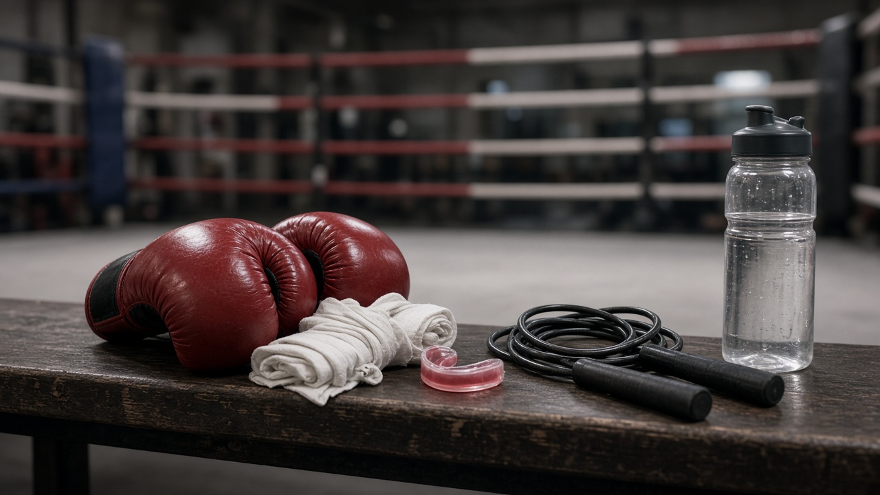 First-session boxing gear with gloves, hand wraps and mouthguard laid out on a gym bench