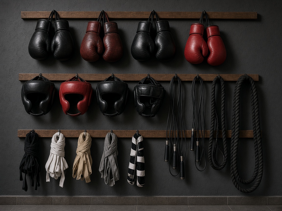 Boxing gym equipment wall with gloves, wraps and heavy bags