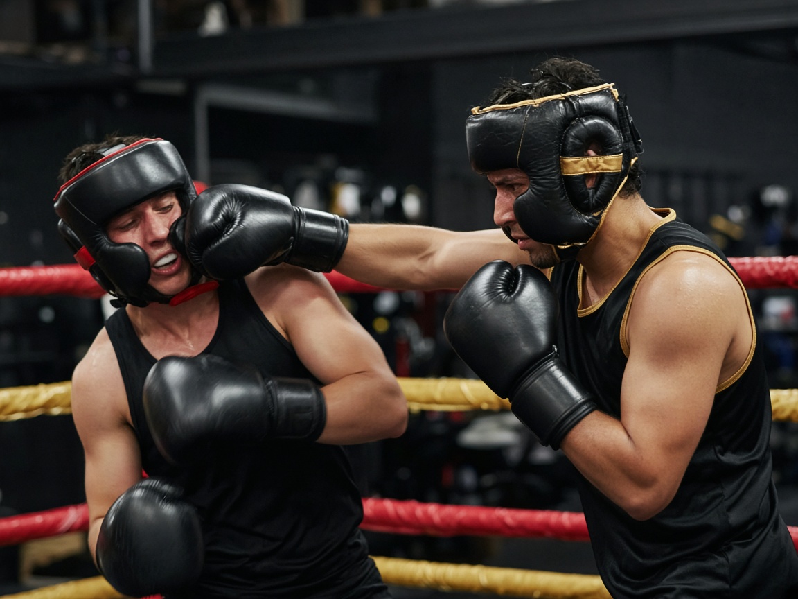 Two boxers exchanging controlled sparring in the ring