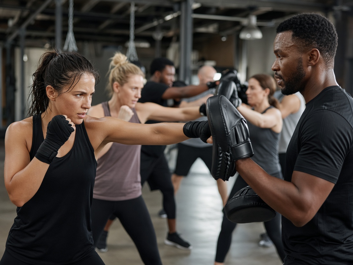 Community fitness boxing class on the gym floor
