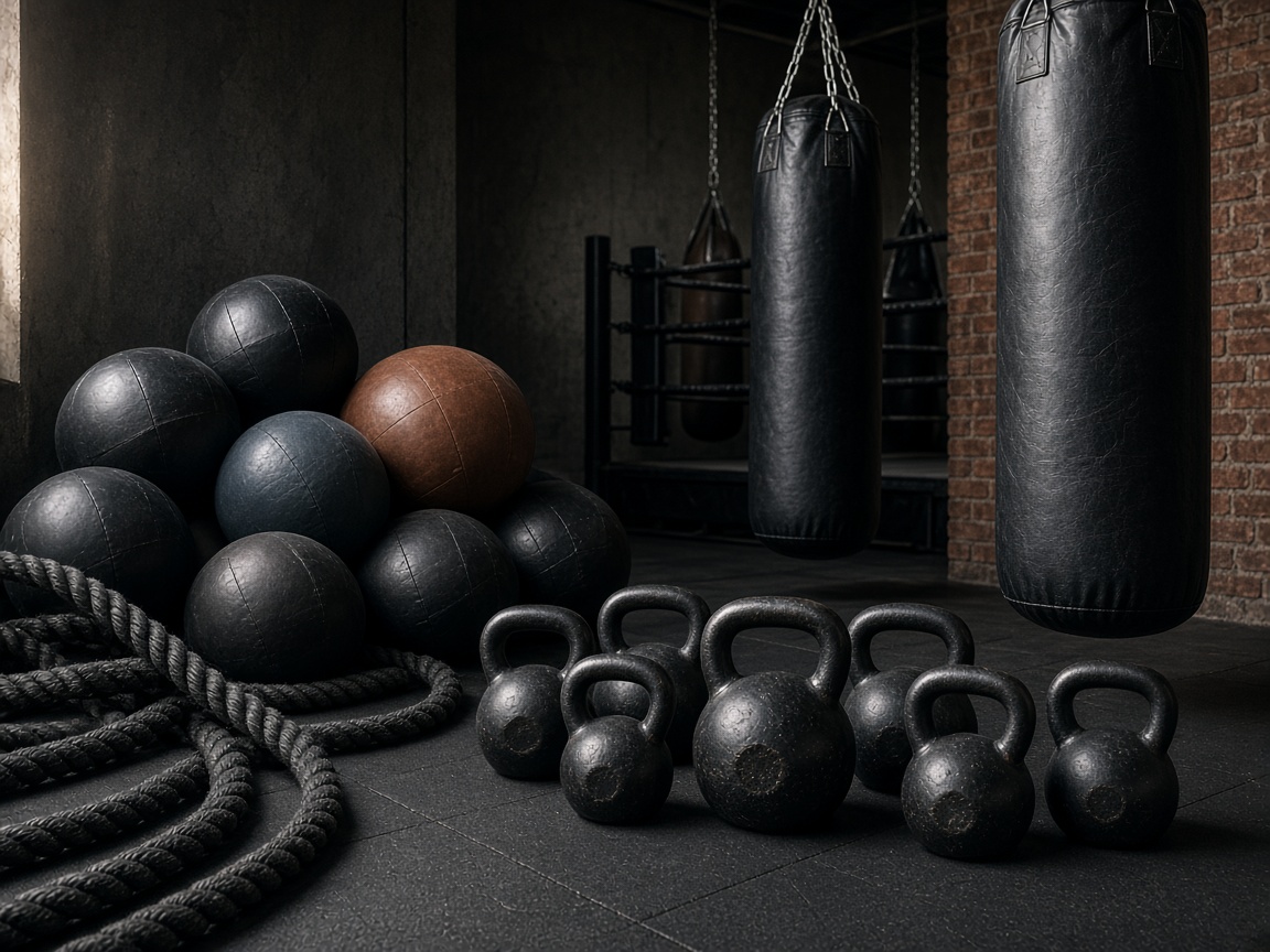 Strength and conditioning setup beside the boxing ring