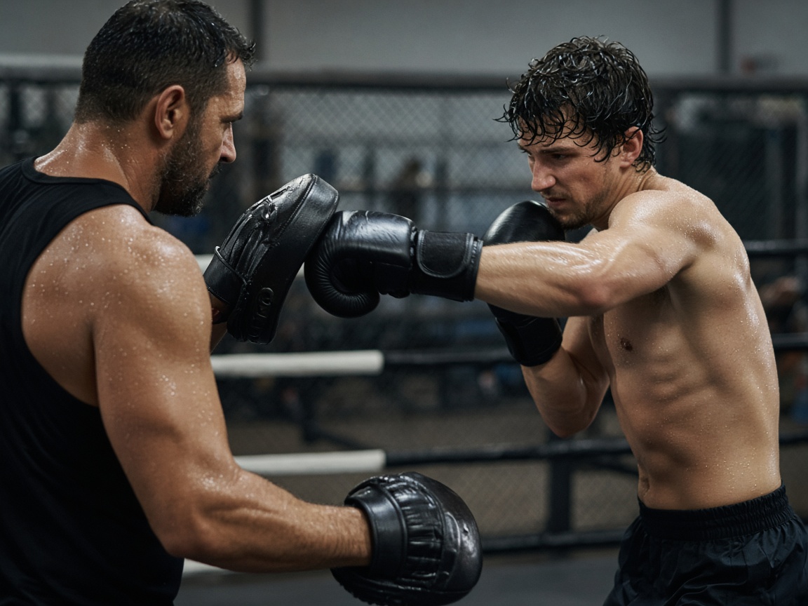 Boxing coach holding focus mitts with a fighter