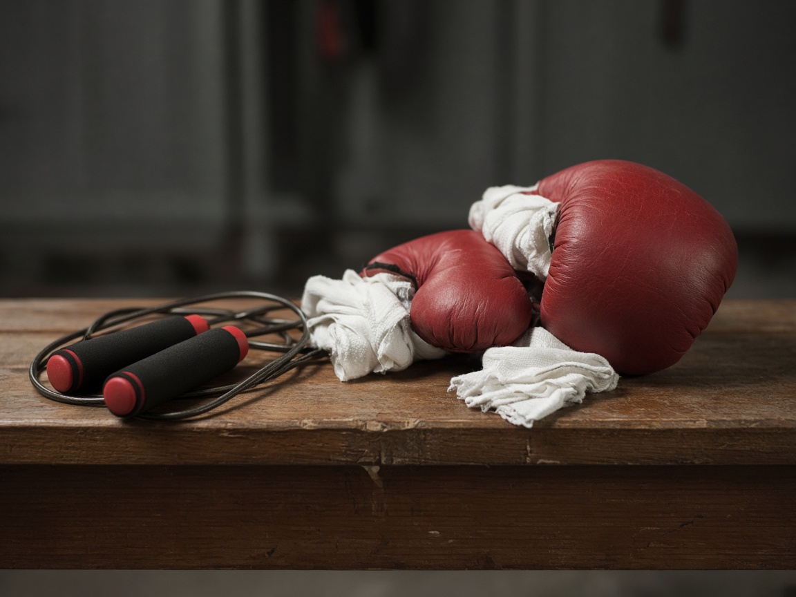 Boxing gloves, hand wraps and mouthguard on a bench
