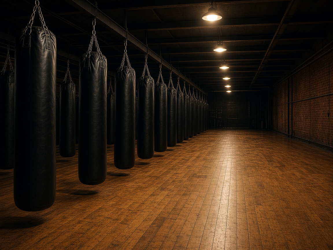 Boxing gym floor with heavy bags and pad stations laid out